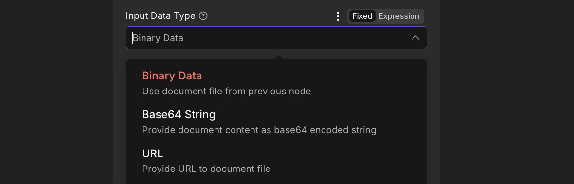 O menu suspenso Tipo de Dados de Entrada no nó do analisador de documentos de IA do n8n PDF4me mostra três opções: Dados Binários (destacado com a descrição: Usar o arquivo de documento do nó anterior), String Base64 (com a descrição: Fornecer o conteúdo do documento como uma string codificada em base64) e URL (com a descrição: Fornecer a URL do arquivo de documento).